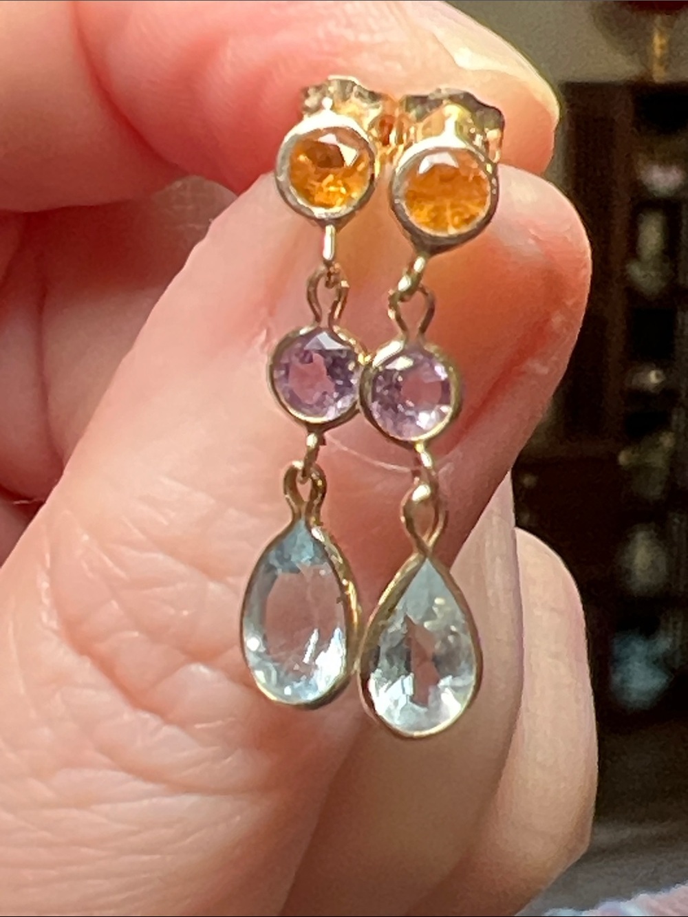 14k Solid Yellow Gold Multi Gemstone Citrine Amethyst Topaz Dangle Earrings